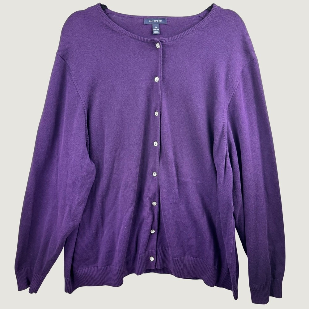 Lands End Cardigan Sweater Womens 3X 24W-26W Purple Cotton Button Front Classic